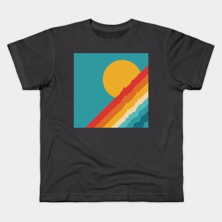 Retro Rainbow Sunset on Mid Blue Background Kids T-Shirt